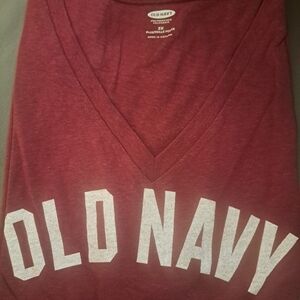 Old Navy Burgundy V-Neck Tee with White Print